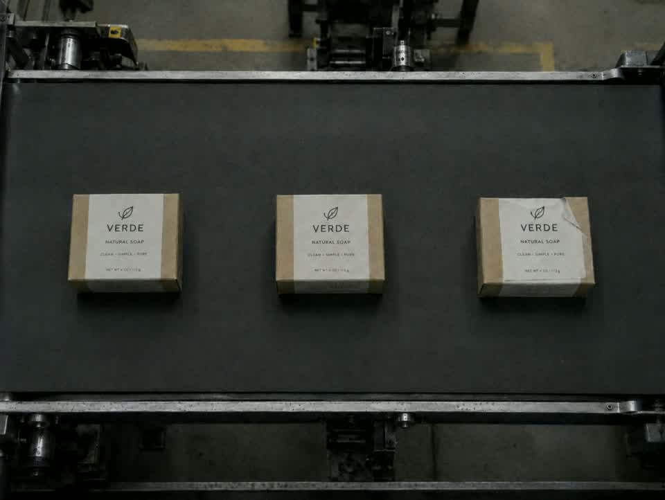 Three soap packages on an inspection conveyor; the third has a damaged label